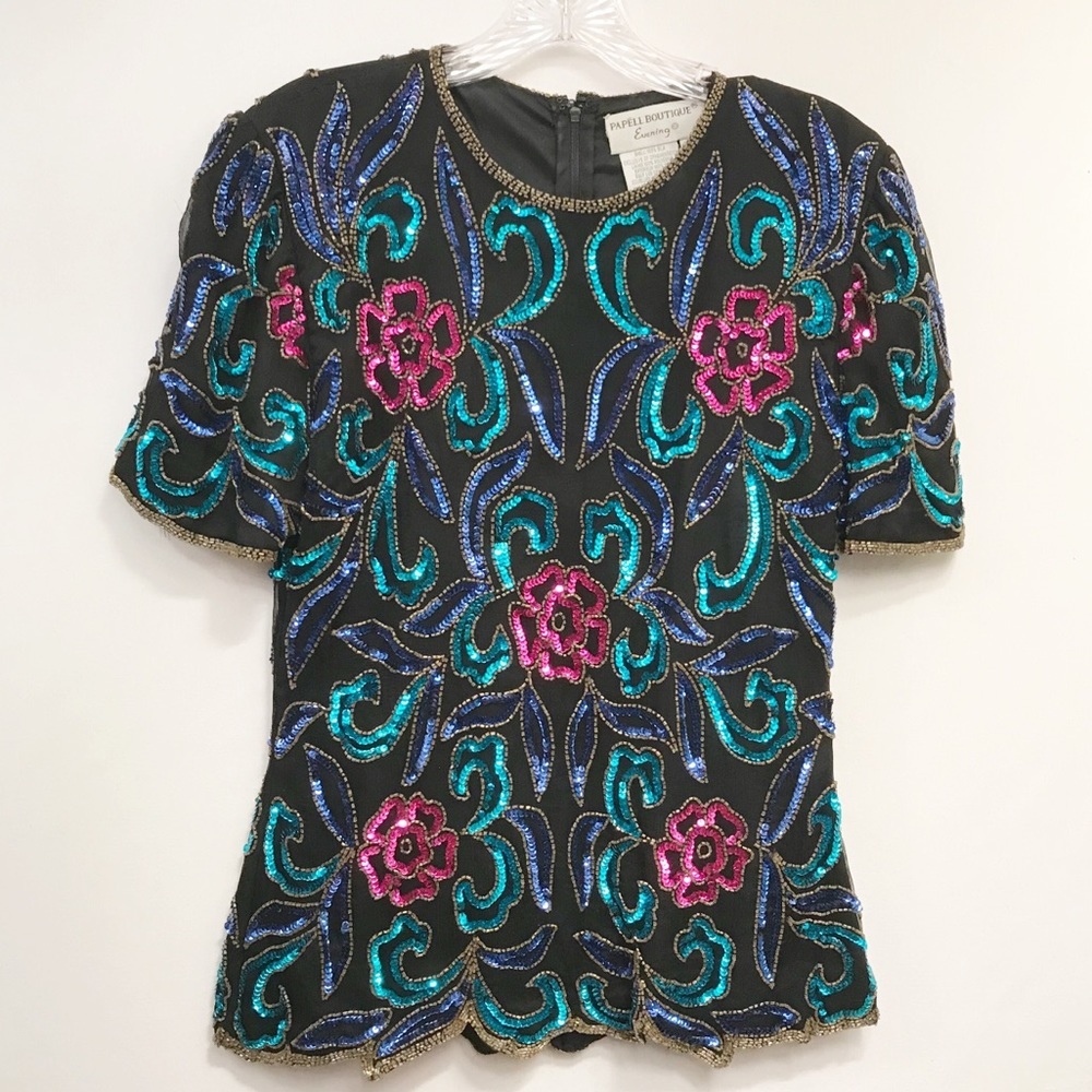Vintage Papell Boutique Evening Sequin Beaded Silk Top 80's 90's Party‎ Colorful